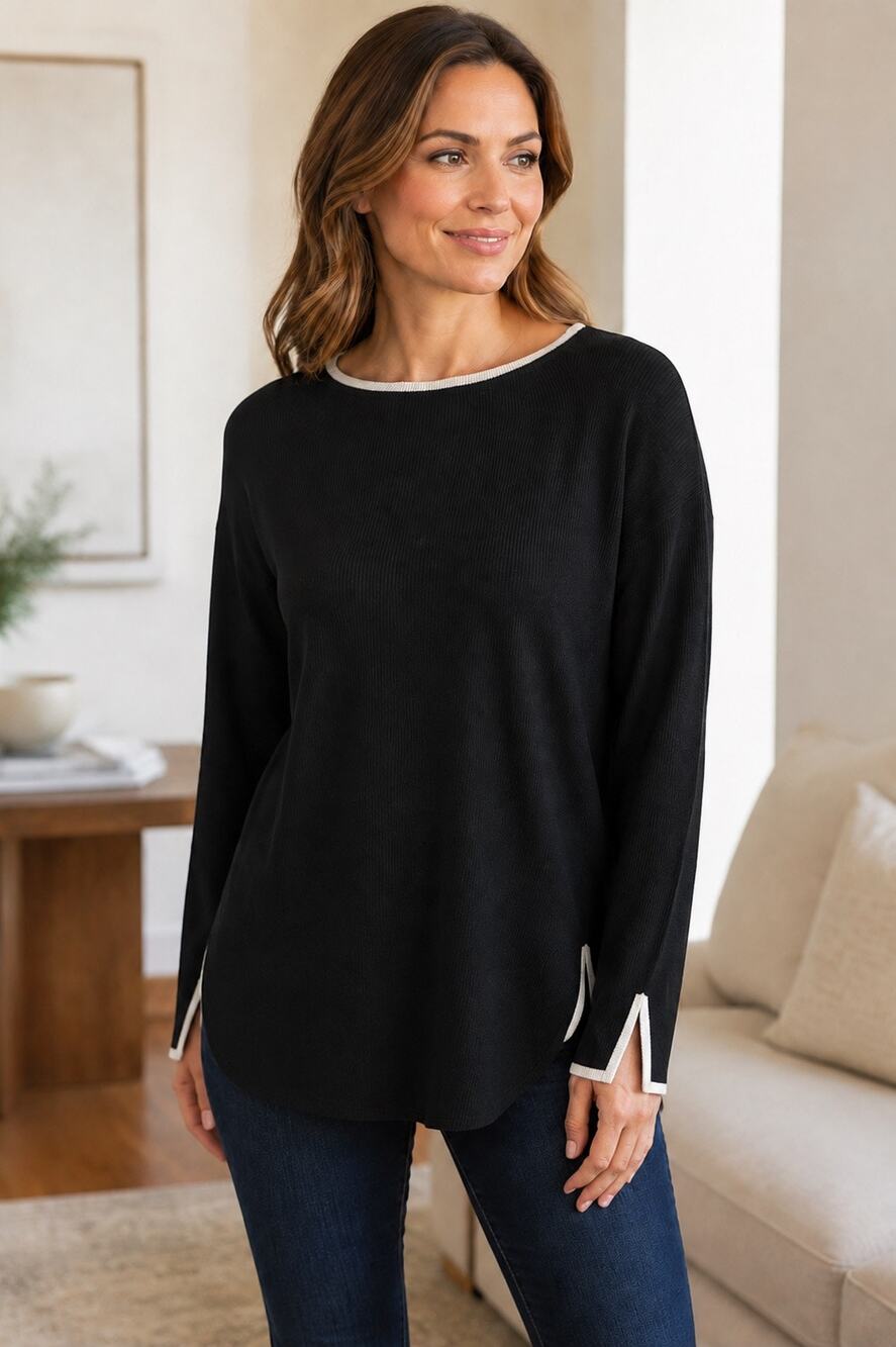 Halogen Black Sweater Medium Ivory Trim Split Cuff Side Slit Tunic Top NWT